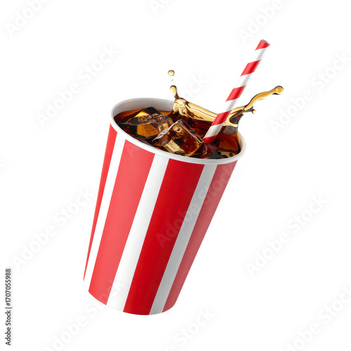 Flying Red and White striped paper glass with cola and Ice Cubes Isolated on Transparent Background