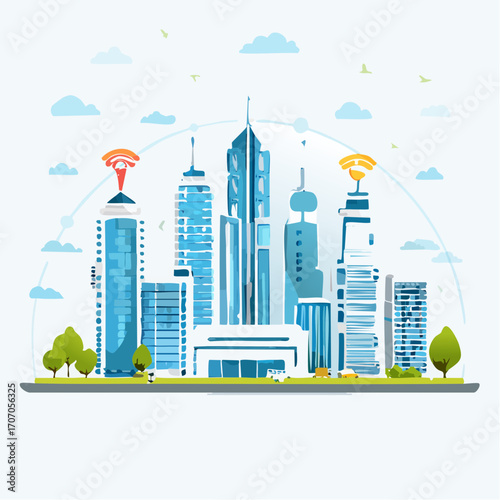 A vibrant illustration of a modern metropolis with advanced network communication, showcasing the future of urban living and smart technology