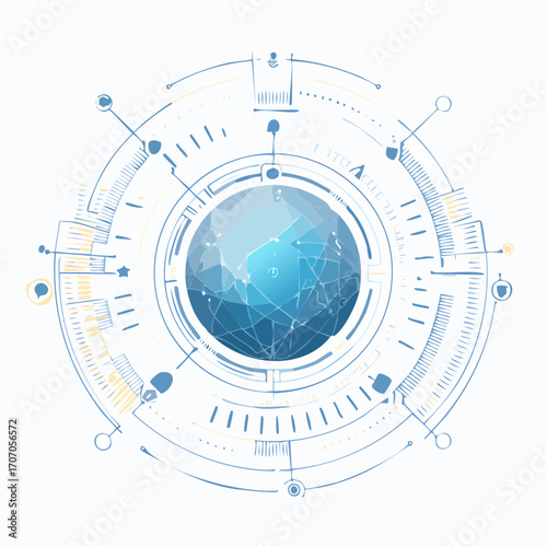 Science fiction inspired circular HUD with a plexus network globe for future technology concepts