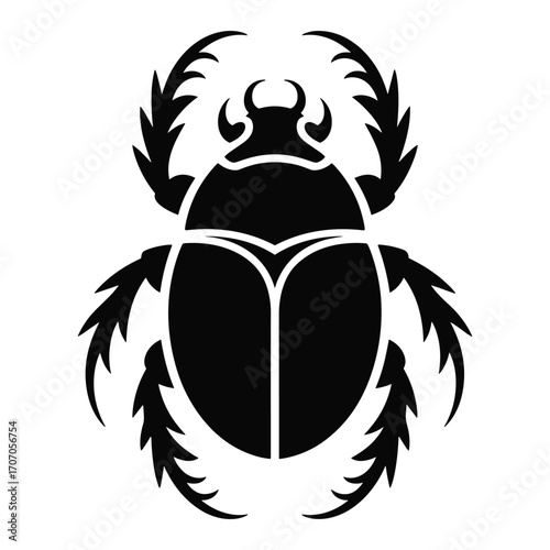 Stylized black scarab beetle silhouette with intricate legs and antennae