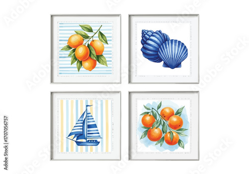 Illustration of four framed watercolor illustrations of oranges and nautical theme