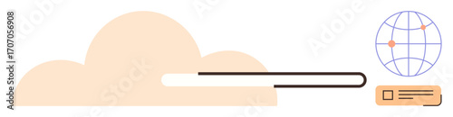 Cloud connected to a global map and a content card. Ideal for technology, data storage, network, web development, digital infrastructure, online services, innovation. Simple flat metaphor