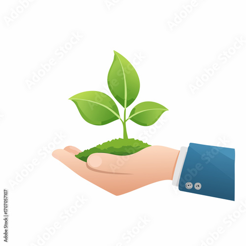 A businessman's hand carefully nurturing a young green plant, representing new growth, sustainable investment, and environmental responsibility