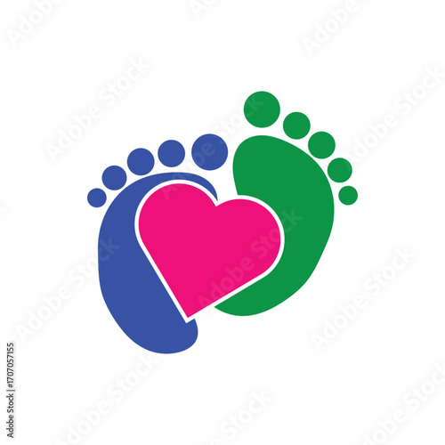 Vector icon of colorful baby footprints with a heart, symbolizing love, family steps, charity, and pediatric care