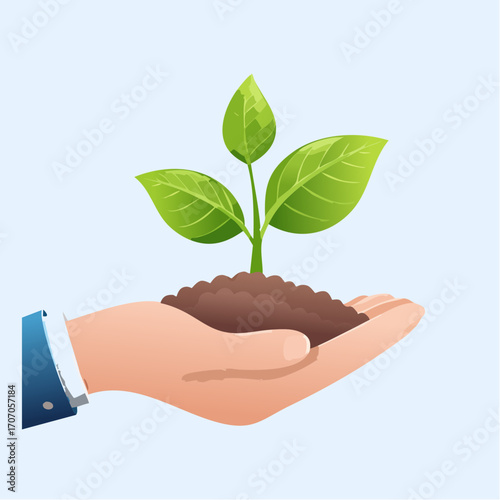 Conceptual vector illustration of a hand carefully holding a small green sprout in soil, symbolizing growth, new beginnings, and environmental care