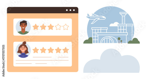 Two user profiles with star ratings, airport terminal, and airplane flying above. Ideal for customer feedback, travel planning, user evaluation, tourism, quality rating, customer satisfaction simple