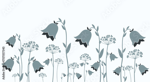 Elegant botanical illustration of stylized bluebell flowers and delicate floral elements in bloom