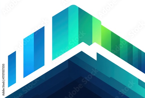 Stylized vector mountain range, using a gradient of blues and greens to mimic the northern lights against a white background, creates a clean, modern design