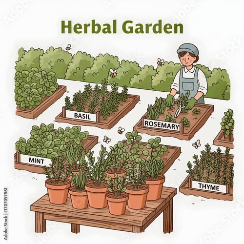 A dedicated gardener cultivating a vibrant collection of fresh culinary herbs in raised beds and pots
