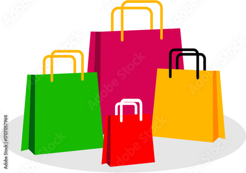  A vibrant illustration of four shopping bags in various sizes and colors, including pink, green, yellow, and red. They are arranged on a white background, ready for a shopping spree.