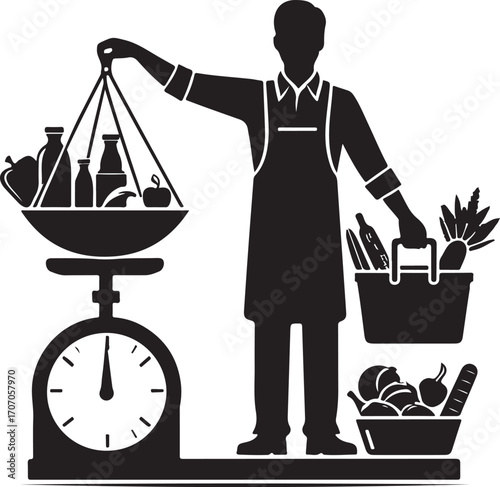 Grocer Weighing Products Vector silhouettes