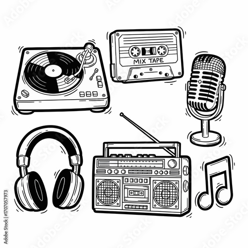 Vintage music and audio player doodles collection, a hand-drawn retro concept illustration