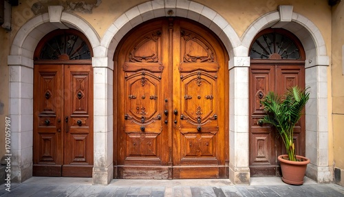 Ornate wooden doors in an aged building facade