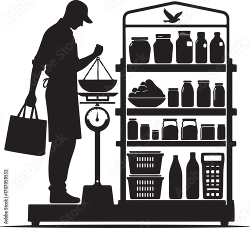 Grocer Weighing Products Vector silhouettes