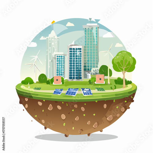 Floating island concept of a modern eco-city powered by renewable sources like solar panels and wind turbines, illustrating a sustainable urban future