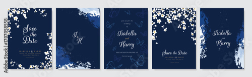 Wedding invitation card design vector set. Navy blue wedding card with little star, flower, butterfly and watercolour decorative texture. Design illustration for cover, poster, gala.