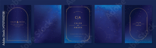 Wedding invitation card design vector set. Navy blue wedding card with little star, galaxy, meteor, cosmic, frame and watercolor decorative  texture. Design illustration for cover, poster, gala.