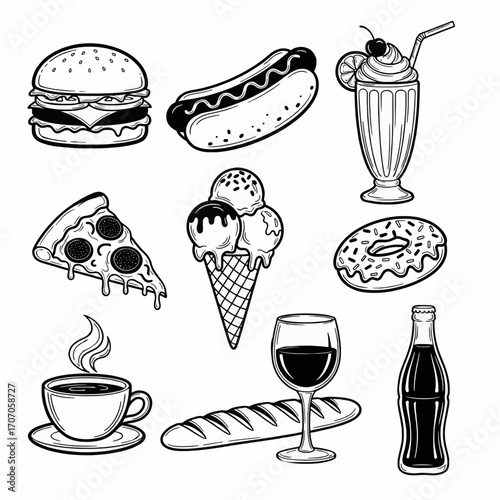 Delicious Black and White Food Icons Burger, Hot Dog, Pizza, Ice Cream, and More Delights