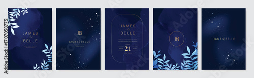 Wedding invitation card design vector set. Navy blue wedding card with little star, leaves branch frame and watercolour decorative texture. Design illustration for cover, poster, gala.