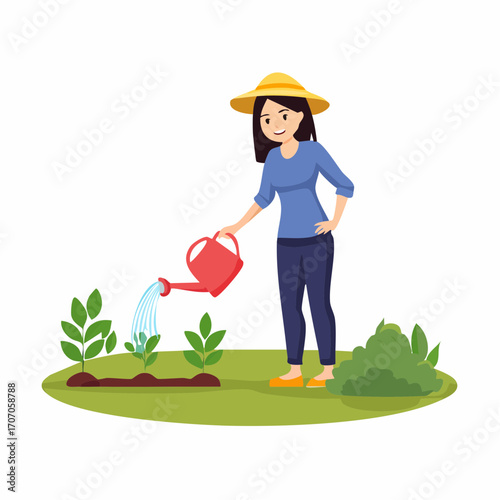 Happy young woman in a straw hat watering new plant seedlings in a vegetable garden. Cartoon vector illustration representing a gardening hobby and an eco-friendly lifestyle