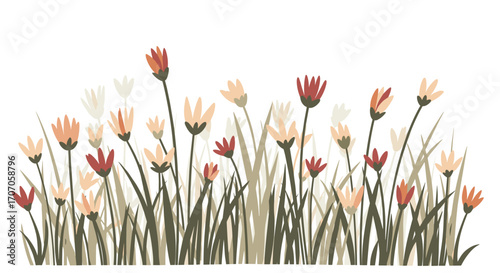 Stylized floral meadow illustration with warm tones for artistic design and spring vibes