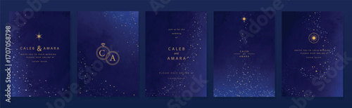 Wedding invitation card design vector set. Navy blue wedding card with little star, galaxy, cosmic, frame and watercolor decorative  texture. Design illustration for cover, poster, gala.