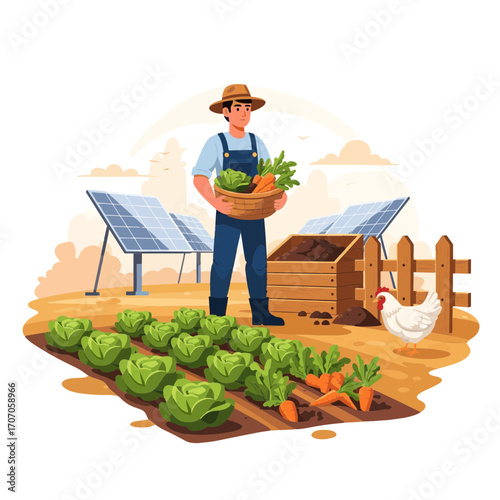 Sustainable modern farming concept with a farmer harvesting fresh organic vegetables near solar panels