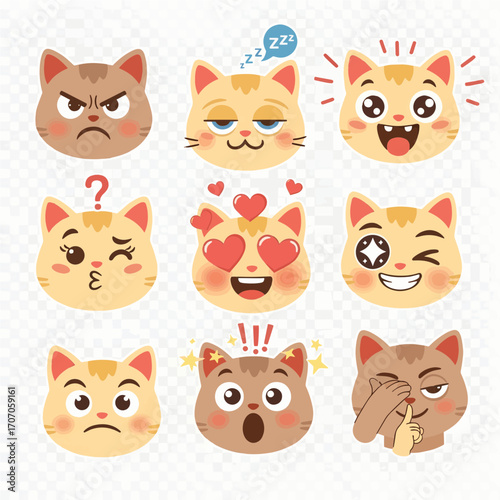 A vibrant collection of nine expressive feline faces showing a range of emotions and moods
