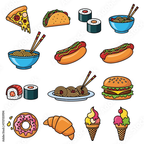 Collection of colorful cartoon fast food icons including pizza, burger, tacos, and sushi