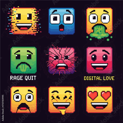 Set of retro 8-bit square character faces expressing a wide range of digital emotions