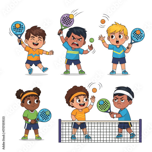 Cartoon children playing padel tennis Cheerful kids enjoying a fun racket sport on a court