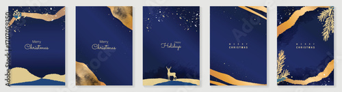 Christmas and Happy Holidays invitation card design vector. Pine leaves, star, reindeer and watercolor texture on navy blue background. Design for Season's Greeting, Christmas, cover.