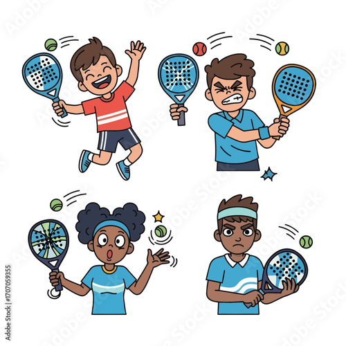 Vector collection of diverse cartoon children showing various emotions while playing padel