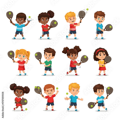 Set of diverse cartoon children playing paddle tennis with different emotions and poses