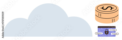 Cloud icon alongside a lockable wallet and stack of coins, visualizing secure cloud storage, financial management, and data safety. Ideal for finance, savings, cloud technology, encryption, data
