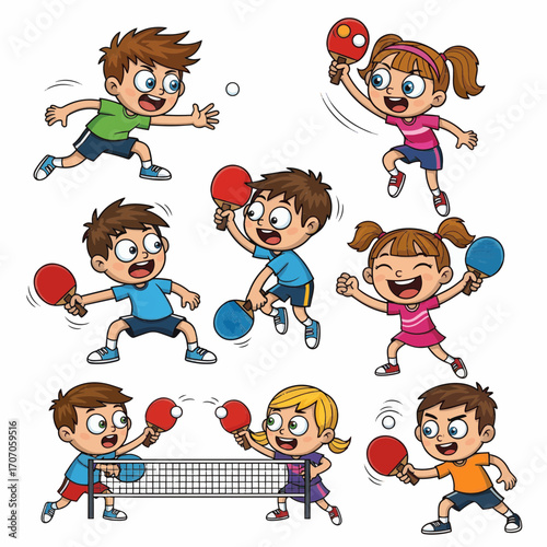 Cute cartoon children playing ping pong. Vector set of happy boys and girls in sport poses with rackets
