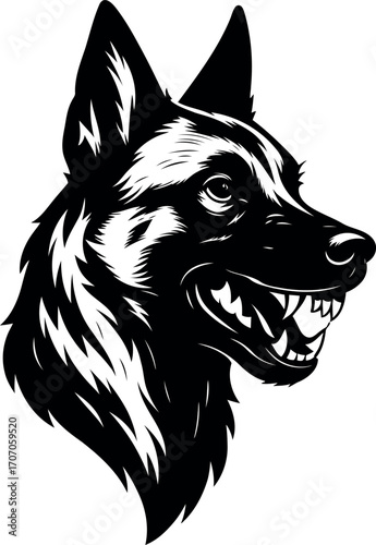 Belgian Malinois Guard dog head silhouette with sharp teeth visible
