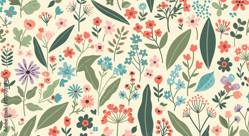 Vibrant floral pattern with colorful flowers, leaves, and botanical elements for creative designs