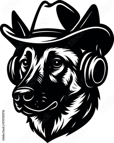 Belgian Malinois guard dog with Cowboy Hat and Headphones Music Lover