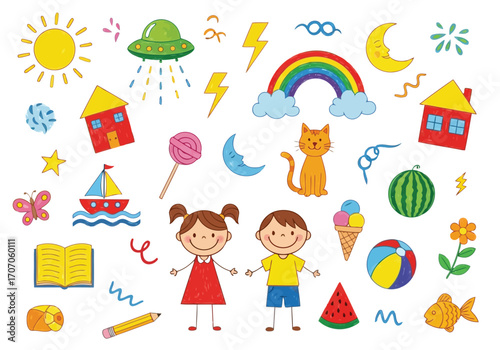 Illustration of childrens drawing of various objects