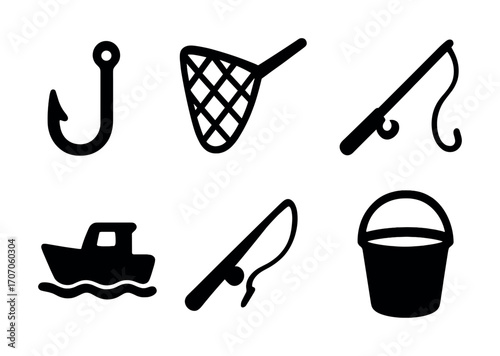 Fishing gear icons set: hook, net, rod, boat, knife, bucket
