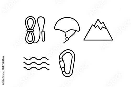 Outline icons of rock climbing gear: rope, helmet, mountain, waves, carabiner