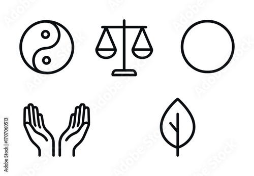 Harmony and balance symbols: yin-yang, scale, circle, open hands, leaf icon set