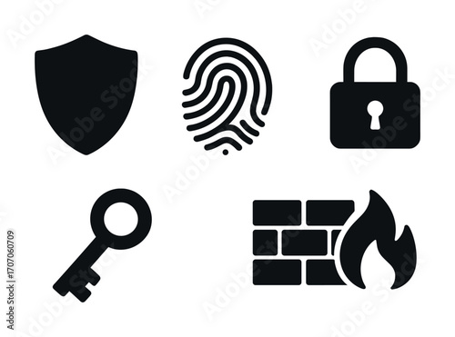 Security icons: shield, fingerprint, lock, key, firewall symbols for protection