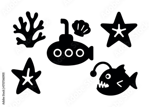 Underwater icons: submarine, anglerfish, starfish, coral, shell