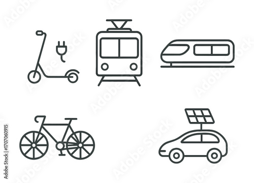Icons of sustainable transport: electric scooter, tram, train, bicycle, solar car