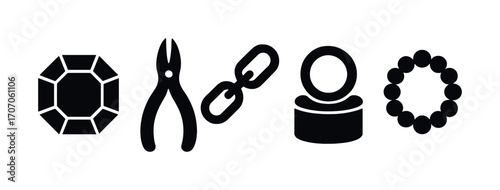 Jewelry making icons: gem, pliers, chain, ring, bracelet silhouettes