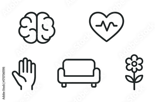 Outline icons of brain, heart, hand, couch, and flower on white background