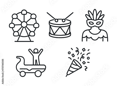 Carnival icons: ferris wheel, drum, mask, float, confetti