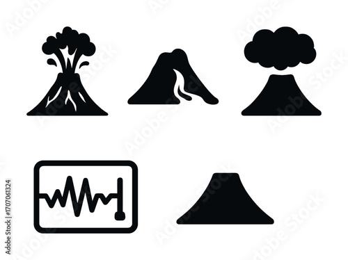 Volcano eruption and seismic activity icons: eruption, lava flow, volcanic smoke, seismograph, and mountain silhouette